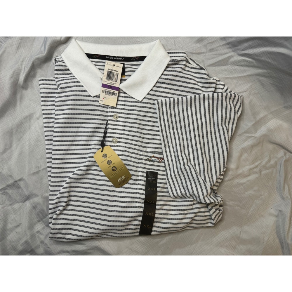 Greg Norman Tasso Elba Golf Polo Shirt Mens XXL White Navy Stripe PlayDry NWT